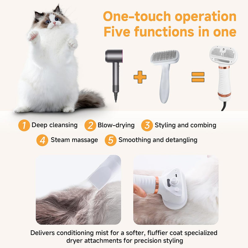 Cat Dog Steam Brush with 600w High-Power Pet Dryer, Pet Spray HairRemoval Comb, 5 in 1 Cat & Dog Brush for Shedding,(Wired) (Rose Gold) Rose Gold