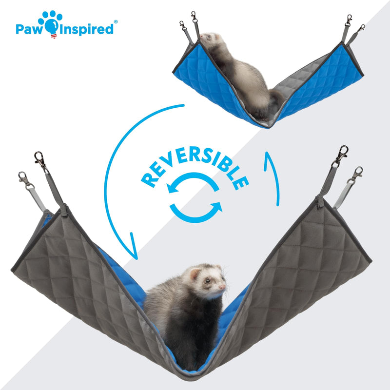 Paw Inspired Hanging Fleece Hammock for Ferrets, Rats, Chinchillas, Sugar Gliders, Small Pets | Hideout Toy for Guinea Pigs, Hamsters | Swivel Clips for Small Animal Cages (Gray/Blue) Gray/Blue - PawsPlanet Australia