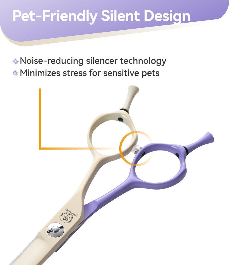 Fenice Peak Curved Dog Grooming Scissors with Coating 440C Stainless Steel, 7 inch Professional Curved Shears Dog Grooming，25 Degree of Curved Blade，Pet Shear for Trimming Face and Paw, Violet & White 7" Violet&white - PawsPlanet Australia