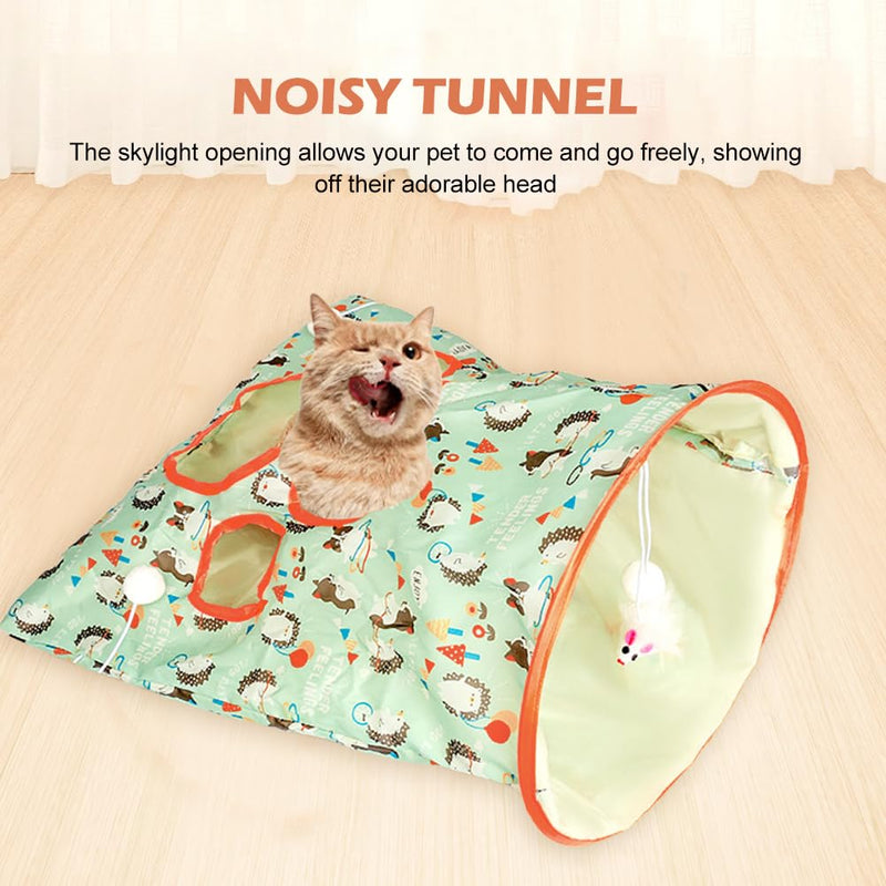 SYCOOVEN Cat Tunnel Bag for Indoor Cats, Pet Collapsible Tunnel Crinkle Sack Bag with 1 Little Mouse & Toy Ball, Crinkle Paper Interactive Cat Toys Hide and Seek(Green Pattern) green pattern - PawsPlanet Australia