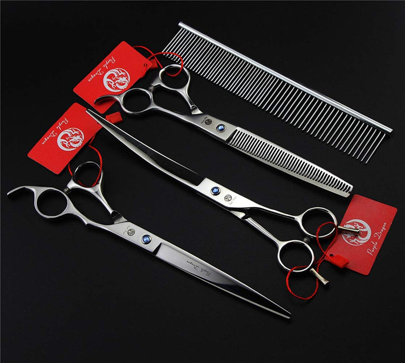 Purple Dragon 8.0" Titanium Multicolor Professional Pet Grooming Scissors Set,Straight & Thinning & Curved Scissors Shear with Bag for Dog Cat Grooming Silver - PawsPlanet Australia