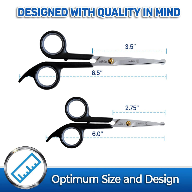 Pet Magasin Japanese Stainless Steel Grooming Scissors (2) for Facial Hair and Larger for Body Trimming with Round Tip (Black) Black - PawsPlanet Australia