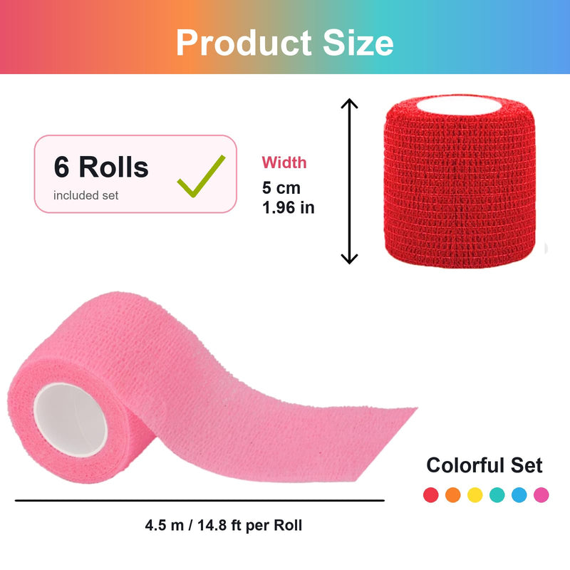 6 Rolls Elastic Bandage, Self-Adhesive, 5 cm x 4.5 m, Adhesive Bandage, Children's Self-Adhesive Fixation Bandage, Bandage Material for Dogs, Horses, Pets, Wraps, Fingers Colourful