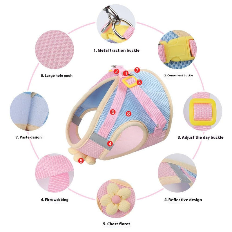 Floral Mesh Dog Harness with Matching Leash, Summer Lightweight Pet Vest, Pink/Yellow (Pink, M:8-12lbs) - PawsPlanet Australia