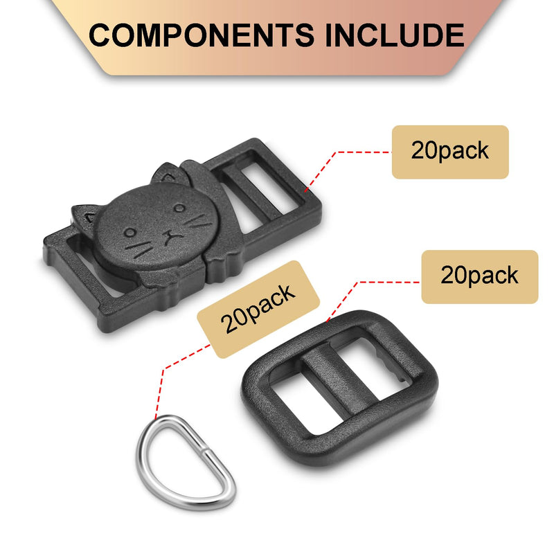 3/8" Breakaway Cat Collars Clasp Kit, 20 Set Break Away Lanyard Clasp Cat Safety Collar Paracord Buckles Accessories(Black) Buckle+Slider+Ring - Black - PawsPlanet Australia