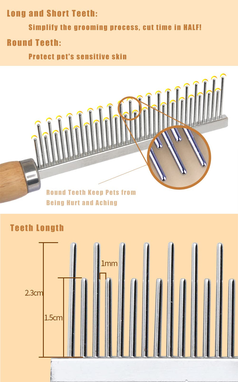 Dog Cat Grooming Comb with Wooden Handle Stainless Steel Teeth, Pet Grooming Supplies Accessories for Hairy Pets (Dual Teeth) Dual Teeth
