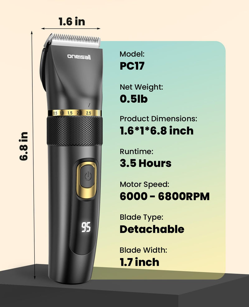 oneisall Quiet Dog Clippers Upgraded Pro, Dog Hair Clippers with LED Display, 3.5h Battery, Rechargeable, IPX7 Waterproof Pet Grooming Kit for Home Grooming