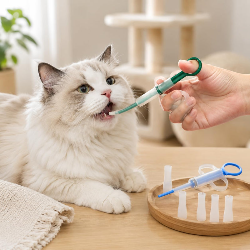 Tablet dispenser for cats, 4 pieces. Silicone and plastic tablet dispenser set. Swallowing aid for tablets and dogs. Medication administration at home. Pet care accessory. Practical.