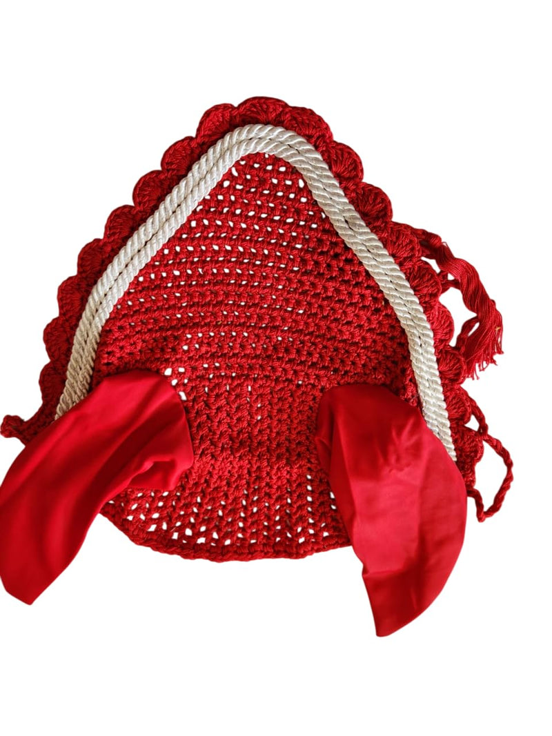 Horse Ear Bonnet Fly Veil Crochet Equestrian with Piping Red Color Full Size