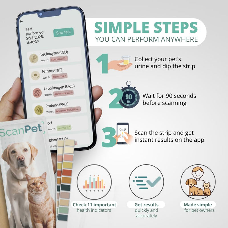 (10 Strips) SCANPET APP Urine Test for Cats and Dogs 11 Parameter Strips Urine Infection Strips for Dogs and Cats - Individually Wrapped - Glucose pH Protein Ketones Strips