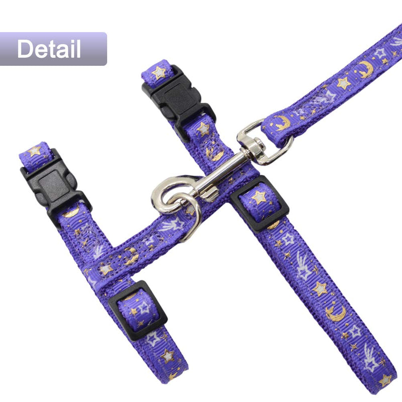 Cat Harness and Leash Set for Outdoor Walking Escape Proof Adjustable Soft Safety Strap with Golden Star and Moon Design Glow in The Dark Purple Medium