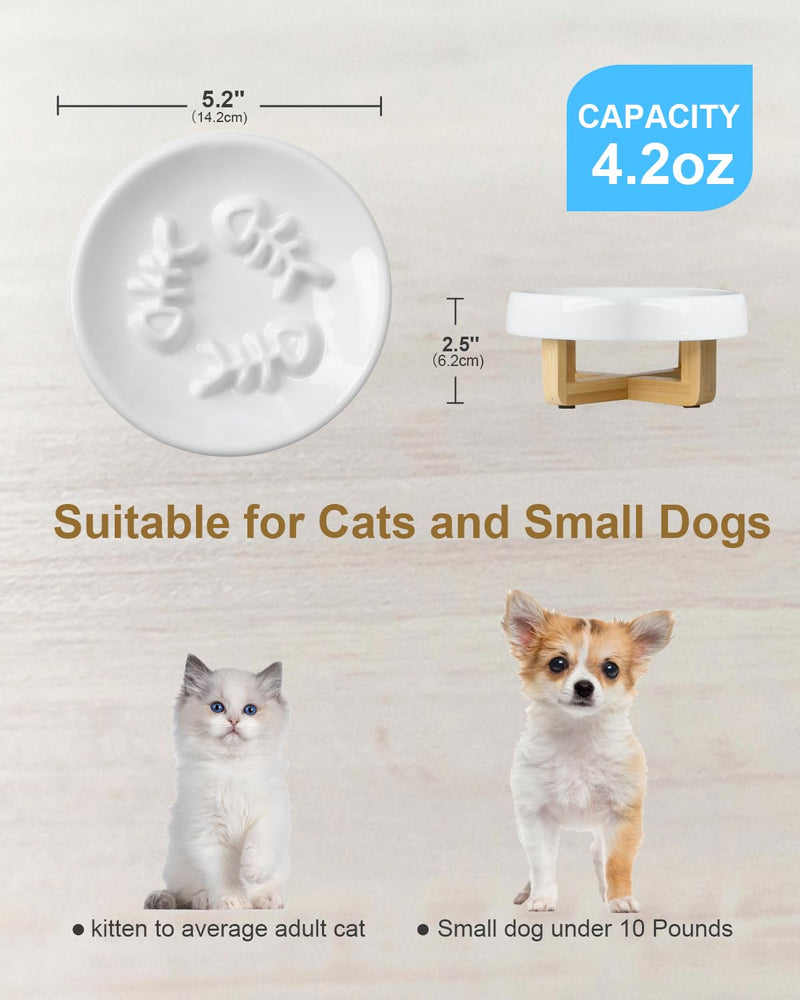 Ceramic Cat Dog Feeder, Slow Feed Bowl with Stand, 2.5'' High, 5.2'' Wide, Whisker Friendly, Easy to Clean, for Cats and Small Dogs Small Fish Bone-White - PawsPlanet Australia