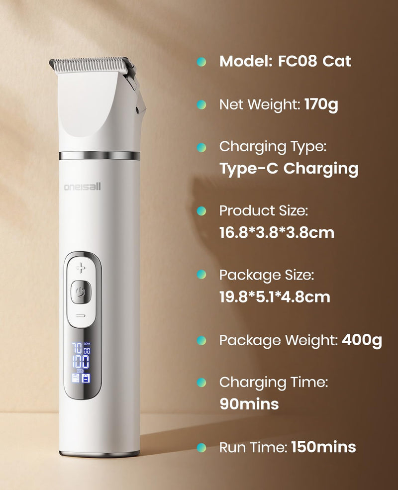 oneisall Quiet Cat Clippers for Matted Fur, Cat Grooming Kit 3 in1 with LCD Display, 3 Speed, Cordless Cat Paw Trimmer, IPX7 Waterproof Cat/Dog Clippers for Paw/Butt/Back/Face/Ear - PawsPlanet Australia