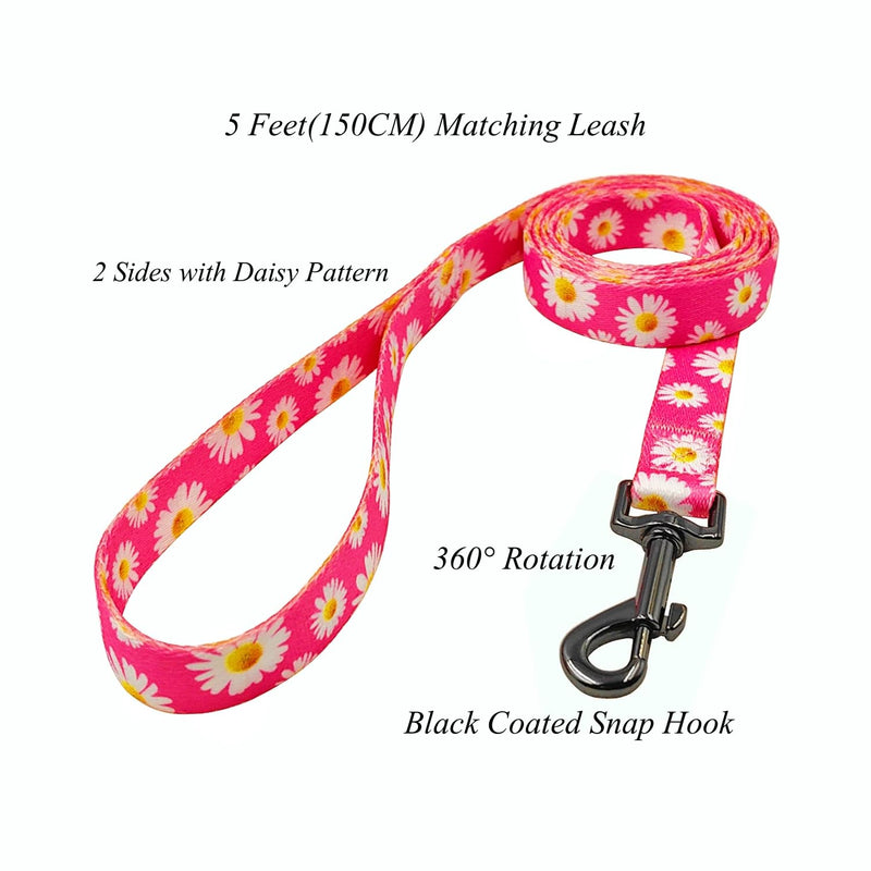 Dog Collar and Leash Set, Cute Pink Daisy Pattern, Polyester Material, 5ft Leash, for Small Dogs.(S, Daisy Set) Daisy Hot Pink