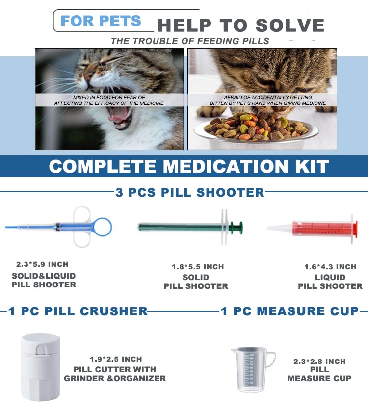 Cat Pill Shooter 5-in-1 Kit, Pet Pill Cutter and Crusher for Cats and Dogs, Dog Tablet Soft Tip Syringe and Medical Feeding Liquid Dispenser Tool with Plastic Measuring Cup 100ml - PawsPlanet Australia