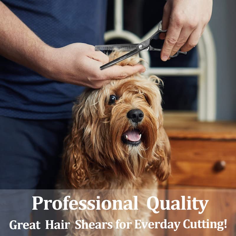 7" Professional Curved Thinning Scissors for Dog Grooming Sharp Blades Blending Shears Dog Grooming Scissors Japan 440C Stainless Steel Smooth Motion & Fine Cutting(Black) Black - PawsPlanet Australia