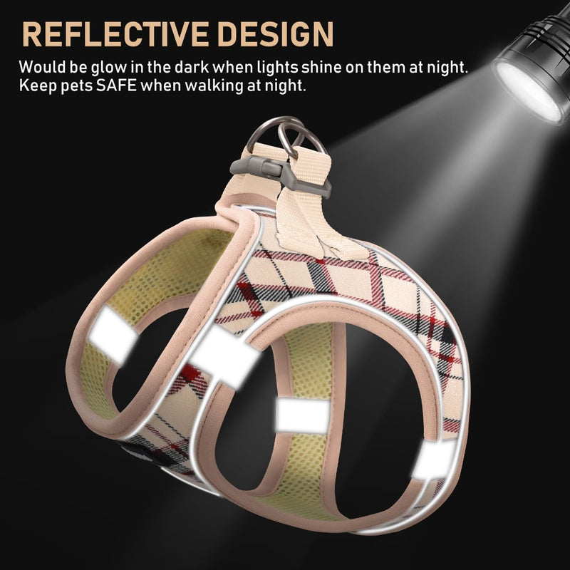 GAMUDA Small Dog Harness Collar and Leash Set, Step in No Chock No Pull Soft Mesh Adjustable Dog Vest Harnesses Plaid Reflective for Dogs Puppy Cats Kitten Rabbit (Beige, S) Beige Red
