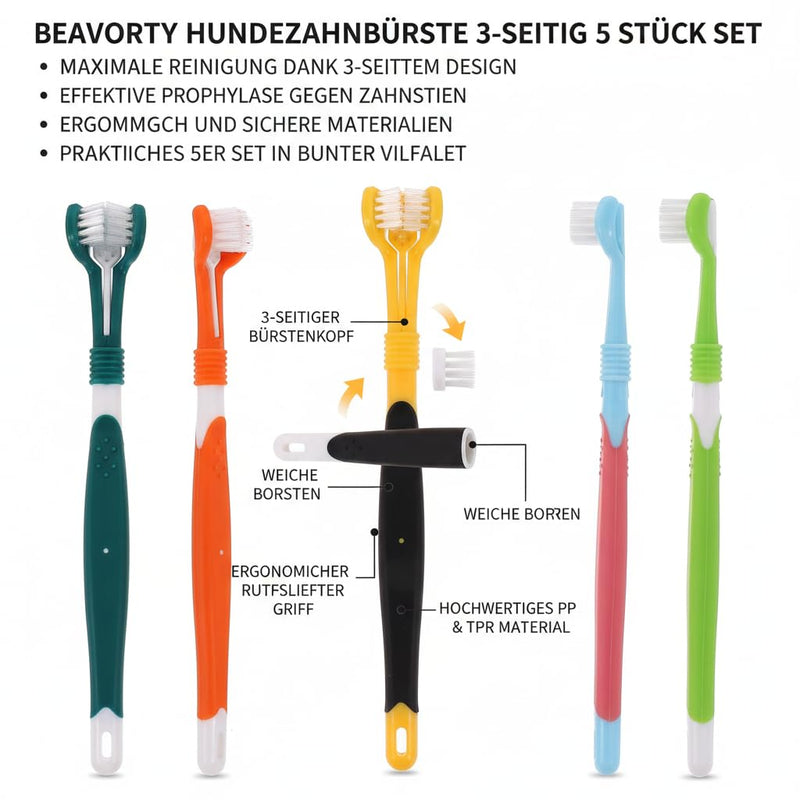 Beavorty 3-Sided Pet Toothbrush 5-Pack with Soft Bristles for Effective Dog Teeth Cleaning and Dental Care Against Tartar and Bad Breath