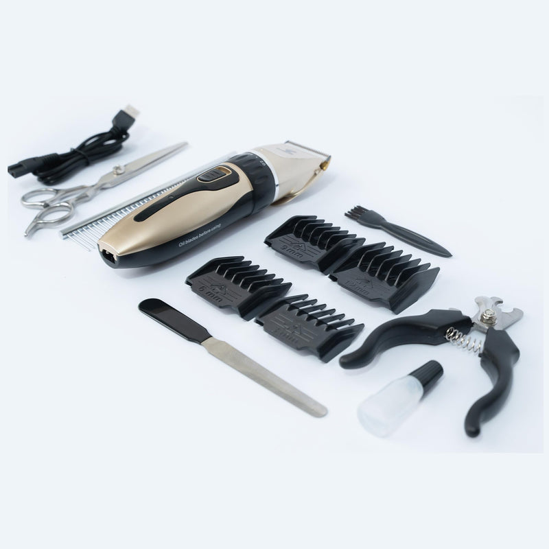 Dog Grooming Kit – Low Noise Cat & Dog Hair Trimmer with Pet Nail Cutter | Cordless Dog Clippers for Grooming Thick Coats with Bath Brush, & Shaver with Scissors for Dogs Cat Animal Gold With Led Display - PawsPlanet Australia