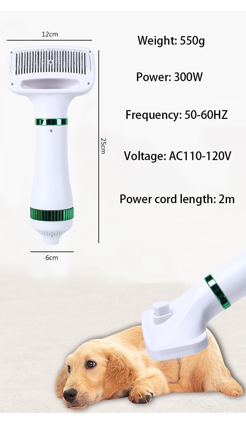Pet Hair Dryer, 2-in-1 Convenient Dog Blower, 300W Pet Grooming Hair Dryer with Spike Rake Brush, Adjustable Temperature for Small/Medium Cats and Dogs - PawsPlanet Australia