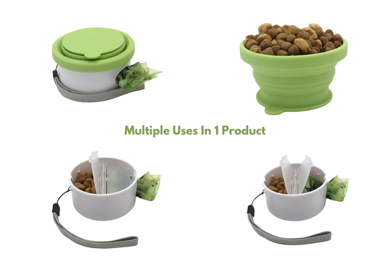 Travel Dog Bowls, 3 in 1 Design Dog Travel Feeding Bowl, Treat Container with Collapse Bowl&Dog Poop Bag Holder, Foldable Feeding Watering Dish for Traveling Camping Walking Parks, with 1 Poop Bag 1 Pack Green - PawsPlanet Australia