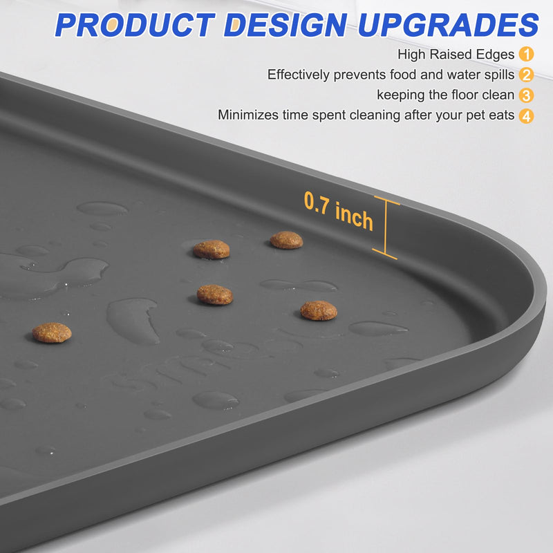 Silicone Pet Feeding Mat with Raised Edge, Dog Cat Bowl Mats for Food and Water, Pet Placemat for Floors Waterproof, 19” x 12” x 0.7” Grey 19 x 12 x 0.7 inch - PawsPlanet Australia