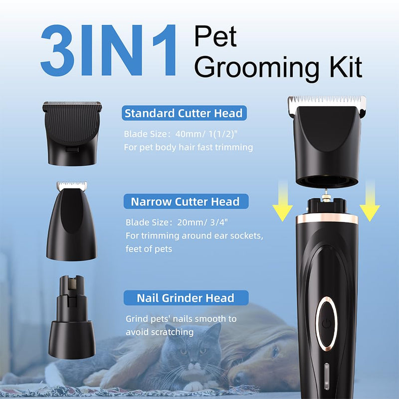 Multifunctional Replaceable Cutter Head Dog Clippers for Grooming Nail Trimmer & Shears 3 in 1 Pets Grooming kit Rechargeable Cordless Low Noise