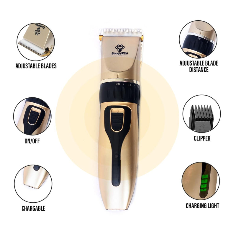 Dog Grooming Kit – Low Noise Cat & Dog Hair Trimmer with Pet Nail Cutter | Cordless Dog Clippers for Grooming Thick Coats with Bath Brush, & Shaver with Scissors for Dogs Cat Animal Gold With Led Display - PawsPlanet Australia