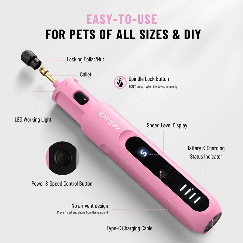 Katerk Pet Dog Nail Grinder - 5 Speed Quiet Electric Dog Nail Trimmer with 360°LED Light, 2500mAh Rechargeable, 32PCS Cordless Rotary Tool for Small Medium Large Dogs & DIY Sanding, Carving (Pink) Pink - PawsPlanet Australia