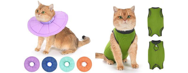 Avont Adjustable Cat Recovery Collar Bundle with Cat Recovery Suit After Surgery -S