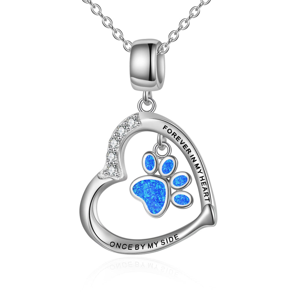 YFN Paw Print Necklace Sterling Silver Dog Cat Charms Pendant Cremation Jewelry Cat Dog Memorial Gifts for Women Girls Blue Opal