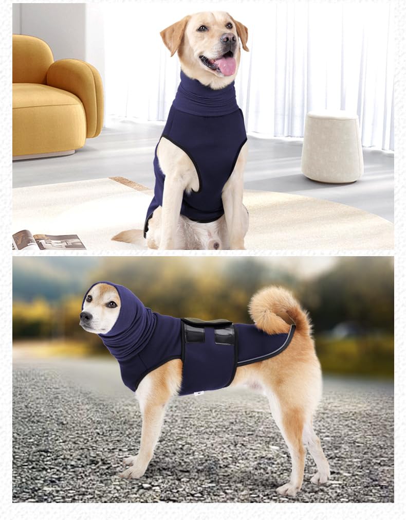 Yanmucy Dog Calming Coat with Snood 2 in 1 Anxiety Relief Adjustable Jacket with Hoodie Ear Muffs for Nervous Dogs (Blue, M) Blue