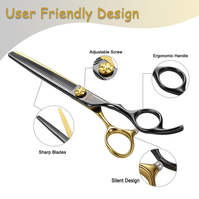 7'' Thinning Dog Grooming Scissors with Decorative Screw Sharp and Durable Black and Gold 440C Stainless Steel Dog Thinner Shears Easy Use for Groomers and Beginners - PawsPlanet Australia