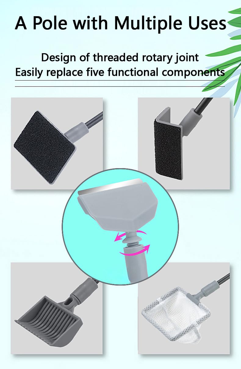 6-in-1 Aquarium Cleaning Tools Fish Tank Cleaning Kit with Long Handle, Algae Scraper,Flat Cleaning Pad,Right-Angle Cleaning Pad,Fish Net, Gravel Rake - PawsPlanet Australia