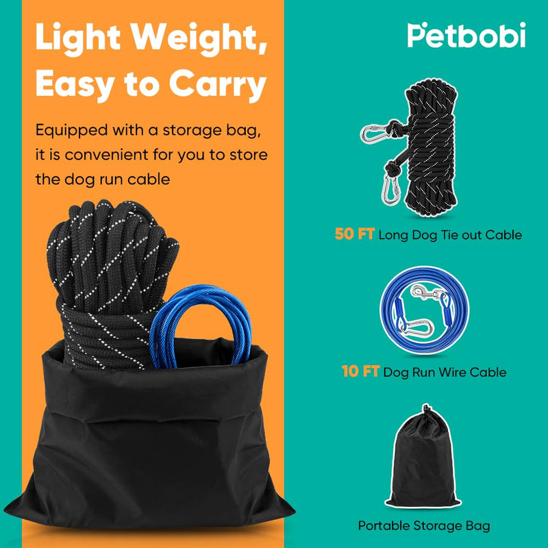 Petbobi Dog Runner for Yard 50ft, Dog Tie Out Cable for Camping with 10ft Dog Run Wire Cable, Portable Reflective Dog Lead Line with 360° Tangle Free &Heavy-Duty Clasp for Yard, Park, Black 50FT+10FT