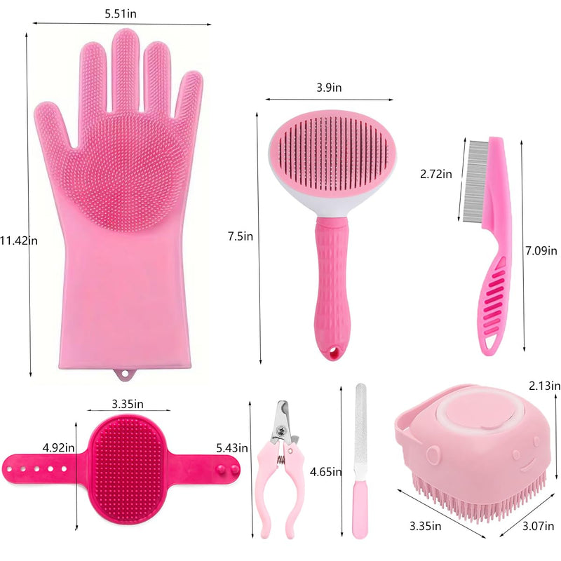8PCS Dog Bath Supplies Set，Dog Washing Gloves，Shampoo Brush, Shedding Slicker Brush，Complete Pet Grooming Kit for Dog&Cat and Small Animal Grooming(8PCS-Bath-Pink) 8PCS-Bath-Pink - PawsPlanet Australia