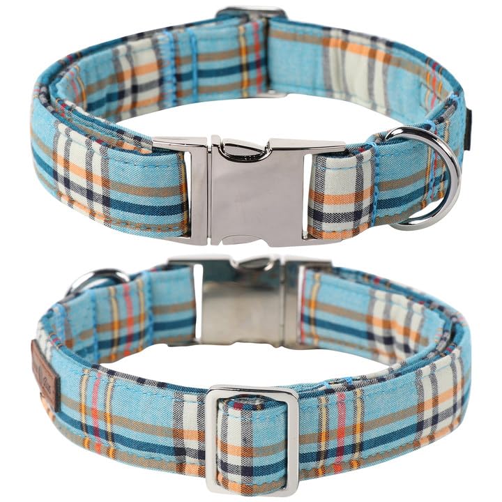 Lionet Paws Boy Dog Collar, Comfortable Adjustable Cute Blue Plaid Collar with Metal Buckle for Male Dogs, Medium, Neck 13.5-22 inches Medium (Pack of 1) Blue Grid - PawsPlanet Australia