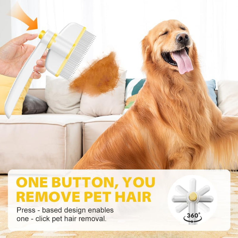 Pet Hair Removal Comb Flea Comb, Multifunctional Cat Brush with Release Button, Grooming Brush Supplies for Detangling Thinning and Shedding, All Hair Types (Yellow) Yellow