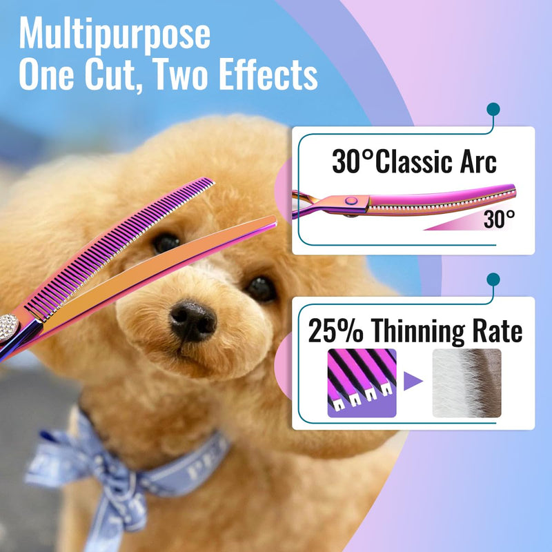 Professional Curved Thinning Shears Dog Grooming Scissors 7.5'' Rainbow Curved Thinner Scissors for Grooming Large Dogs Pet 56 Teeth Japan 440C(Curved Thinner,Rose Red) 7.5 in Curved Thinners Rose Red - PawsPlanet Australia