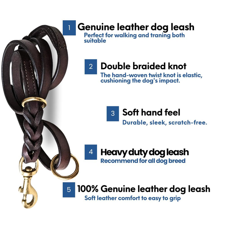 Dog Leash | Heavy Duty Leather Training Leashes, Solid Brass Connector Snaps and Two Rings (Dark Brown, 6 Ft) Dark Brown - PawsPlanet Australia