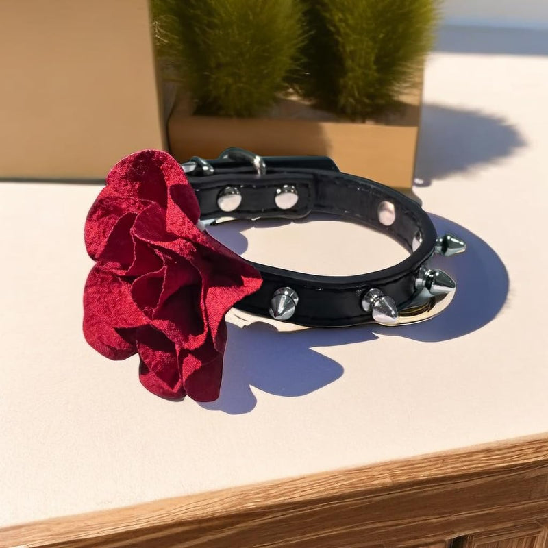 Cat Collar with Bells Studded Spiked with Flower, Studs Spikes Punk Style Adjustable for Girl Kittens Small Dogs Puppy Bunny Rabbit, 8"-11" - PawsPlanet Australia