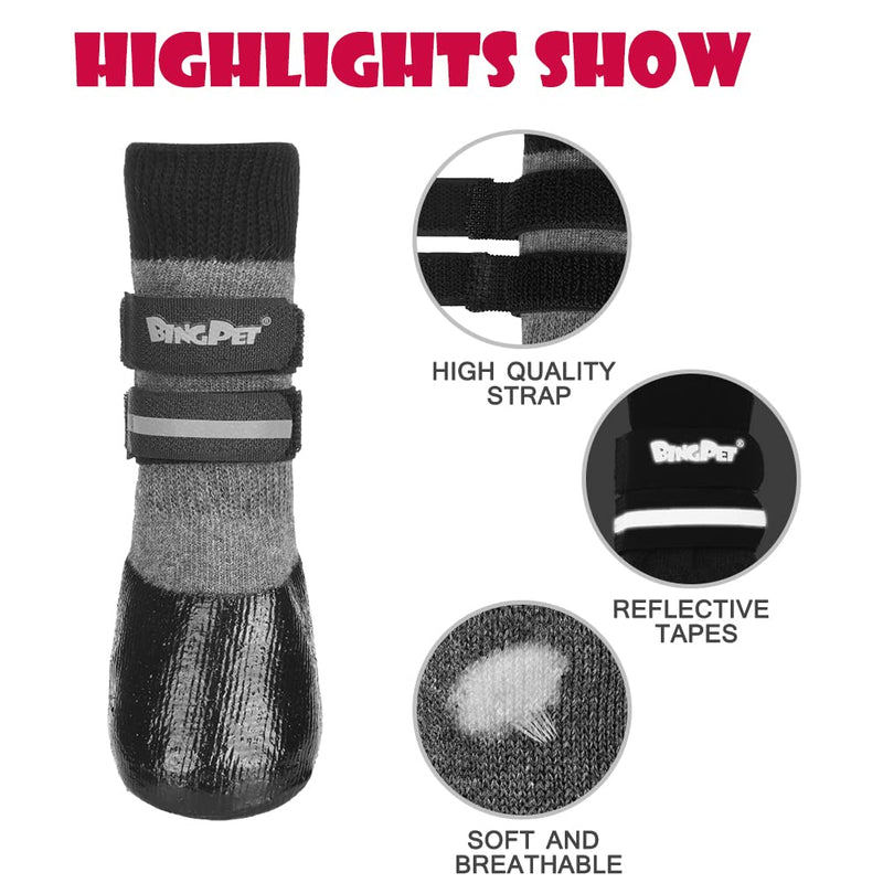 BINGPET Anti-Slip Dog Socks,Waterproof Paw Protectors with Reflective Straps Traction Control for Indoor & Outdoor Wear, 4pcs Grey Large - PawsPlanet Australia