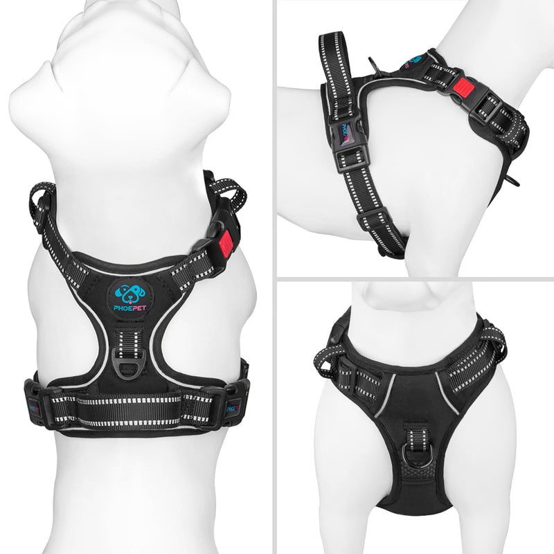 PHOEPET No Pull Dog Harness Medium Reflective Front Clip Vest with Handle,Adjustable 2 Metal Rings 3 Buckles,[Easy to Put on & Take Off](M, Black) - PawsPlanet Australia