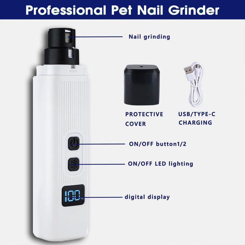 Dog Nail Grinder, Electric Pet Nail Grinder with 2 Speed Digital USB Rechargeable Dog Nail Trimmer Nail Claw Clippers with LED Lighting Quiet Paws Grooming for Large Medium Small Dogs Pet - PawsPlanet Australia
