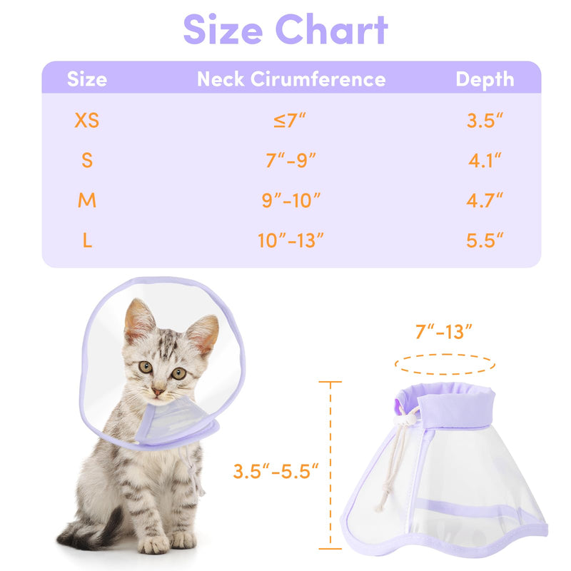 BENCMATE Cat Cone, Drawstrings Cat Cone Collar with Low Noise Fasteners, Transparent Cat Recovery Collar, Licking and Scratching Free Cone, Extra Soft Cat Surgery Collar (Purple,Medium) [Neck:9-10"] Medium Lavender - PawsPlanet Australia