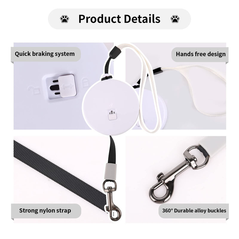 Retractable Dog Leash for Small and Medium Dogs up to 22lbs with 9.8ft Strong Nylon Tape, Hands Free, Portable and Lightweight Leash with Wrist Strap, One-Hand Brake, Tangle Free (White) White - PawsPlanet Australia