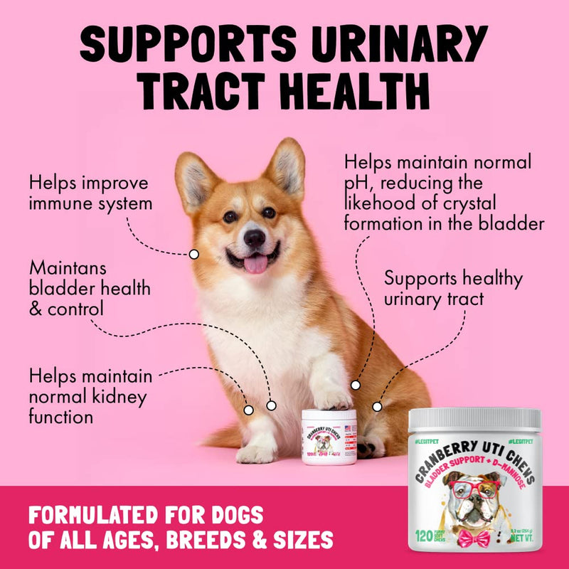 Cranberry UTI Chews for Dogs Bladder Suppot + D-Mannose Supports Kidney Urinary Tract and Bladder Health Natural Cranberry Wellness Supplement Immune System Booster Natural Pet Antioxidant 120 Chews 120pcs