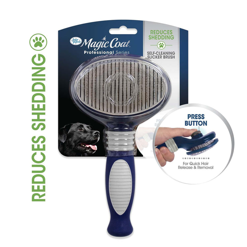 Four Paws Slicker Brush, Professional Series Grooming Brush for Dogs & Cats, Self-Cleaning, Reduces Shedding, All Coat Types, Blue & Grey - PawsPlanet Australia