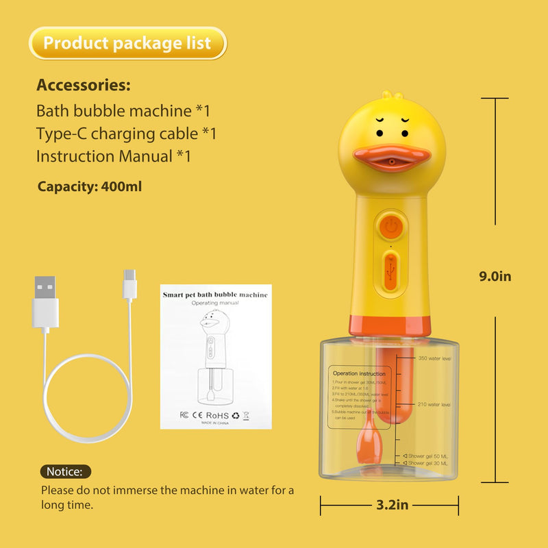 Electric Dog Cleaning Foam Machine, Automatic Dog Soap Dispenser for Bath, Rechargeable Pet Shampoo Mixing Bottle for Cleaning, IPX7 Waterproof Dog Bath Supplies for Dog Cat Puppy Children Yellow Duck - PawsPlanet Australia