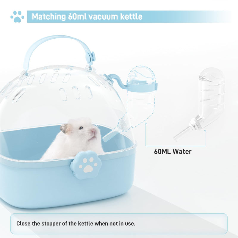 BUCATSTATE Small Animal Carrier Cage with Water Bottle, Portable Hamster Travel Carrier Carry Case 7.24" L*6.69 W *6.42" H for Small Pets, Gerbils, Mice, Dwarf Hamster (Blue) Blue